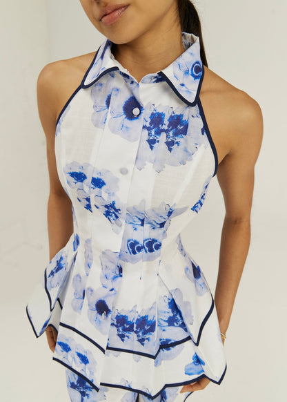 Blusa floral entallada y acampanada Tahlia | Blanco/Azul