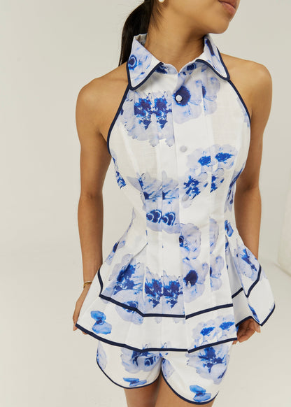 Blusa floral entallada y acampanada Tahlia | Blanco/Azul