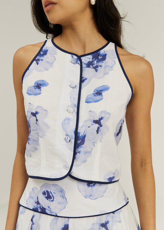 Blusa floral sin mangas Tahlia | Blanco/Azul