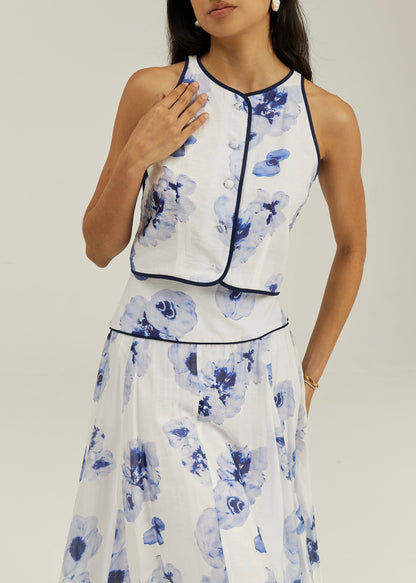 Blusa floral sin mangas Tahlia | Blanco/Azul