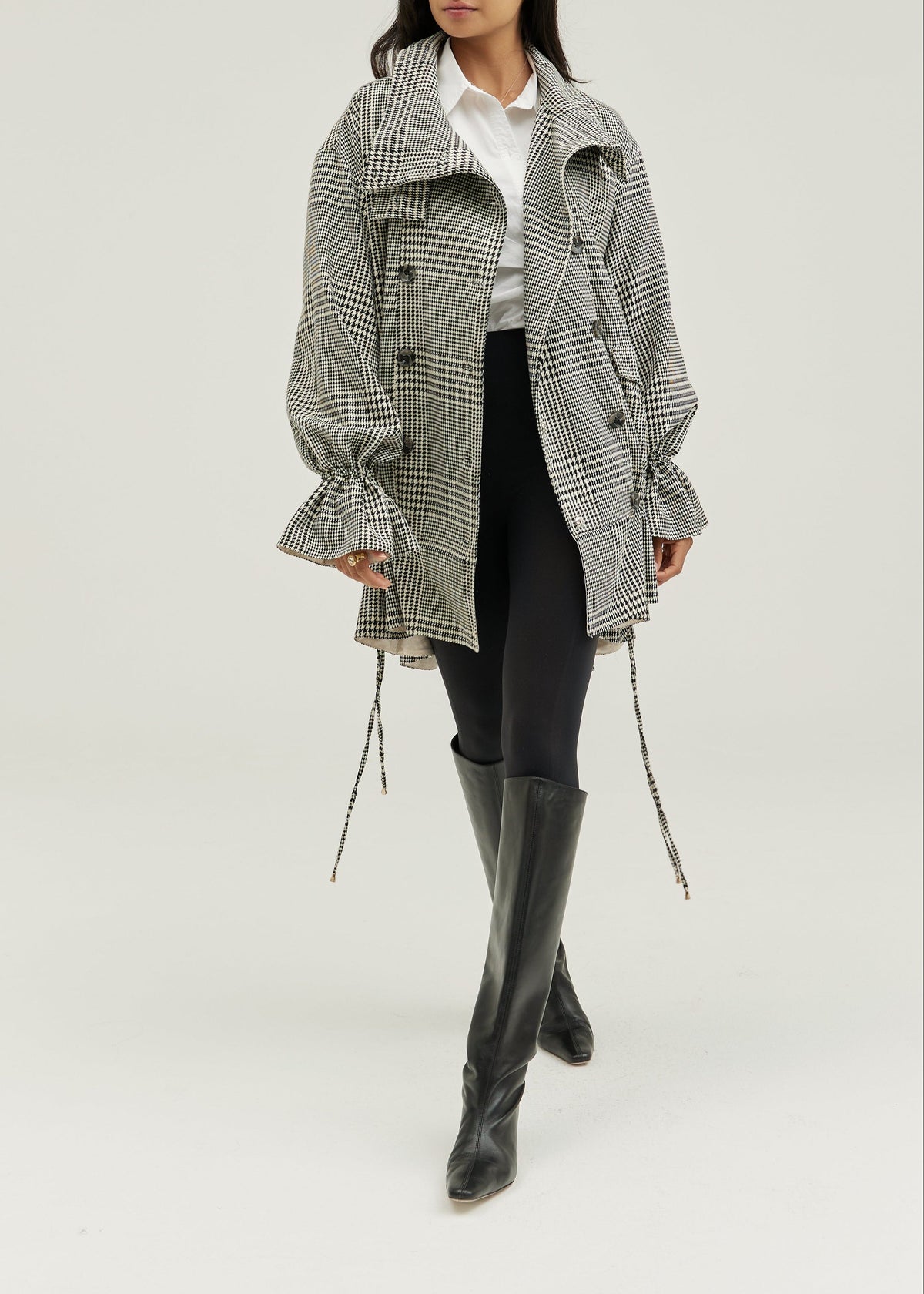 Abrigo Odette de doble botonadura con estampado de pata de gallo y cintura baja | Mezcla de gris