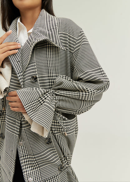 Abrigo Odette de doble botonadura con estampado de pata de gallo y cintura baja | Mezcla de gris