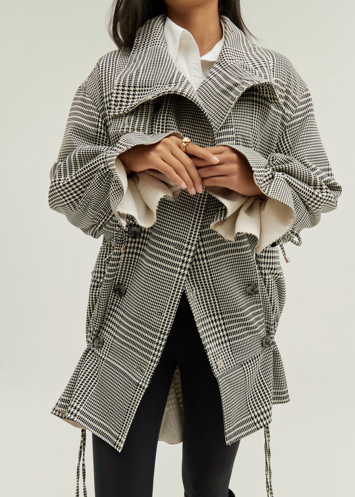 Abrigo Odette de doble botonadura con estampado de pata de gallo y cintura baja | Mezcla de gris