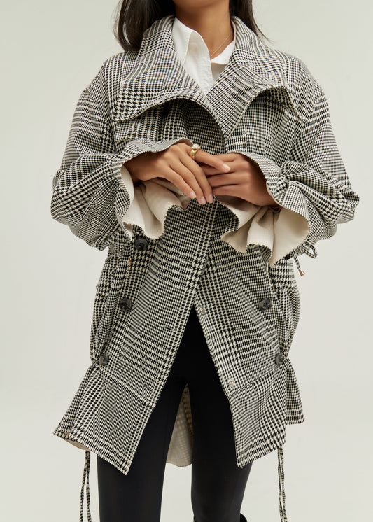 Abrigo Odette de doble botonadura con estampado de pata de gallo y cintura baja | Mezcla de gris