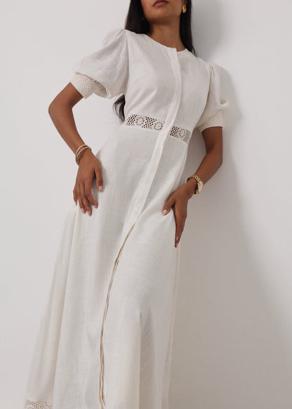 Vestido de día Anice de algodón con ribete de encaje | Marfil