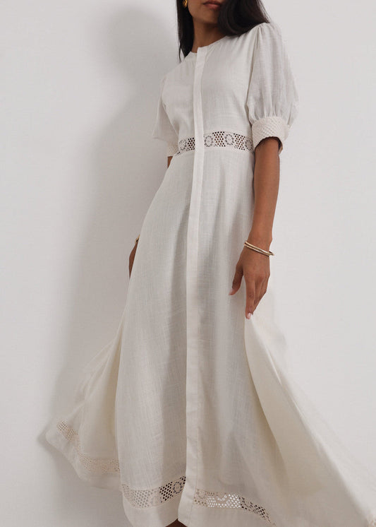 Vestido de día Anice de algodón con ribete de encaje | Marfil