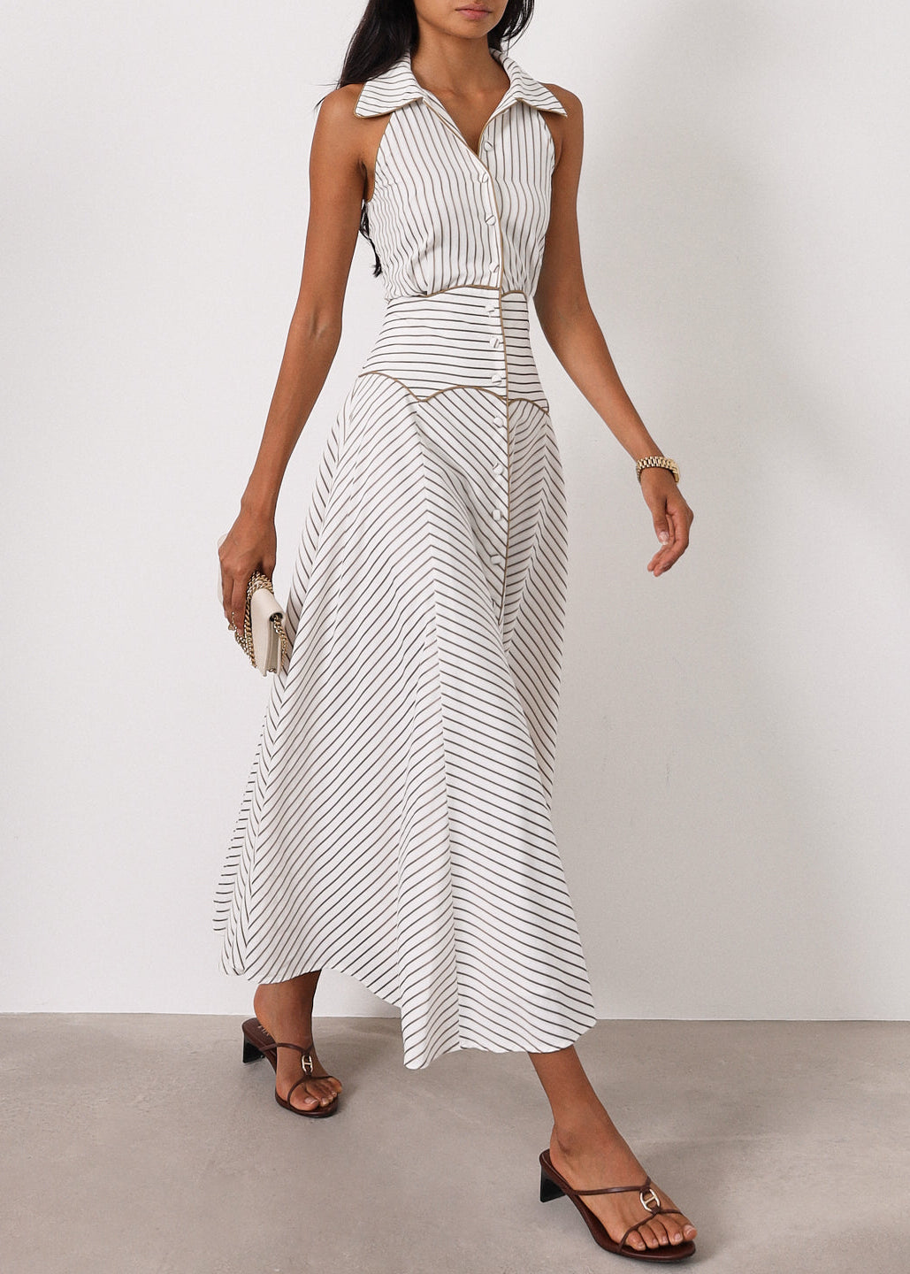 Vestido icónico a rayas Katya | Blanco/Moca