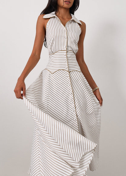 Vestido icónico a rayas Katya | Blanco/Moca