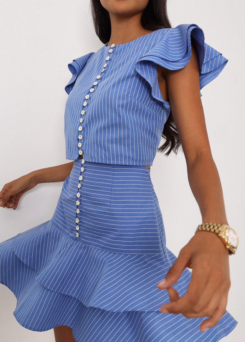 Top Liza de rayas con mangas de volantes | Azul/Blanco