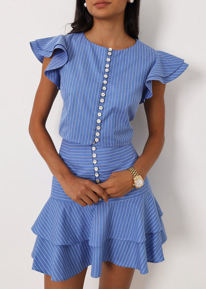 Top Liza de rayas con mangas de volantes | Azul/Blanco
