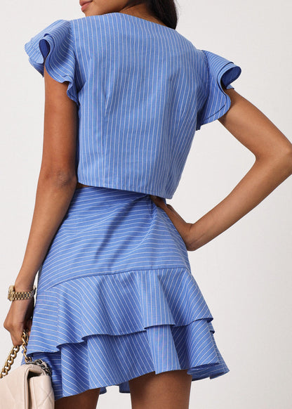 Top Liza de rayas con mangas de volantes | Azul/Blanco