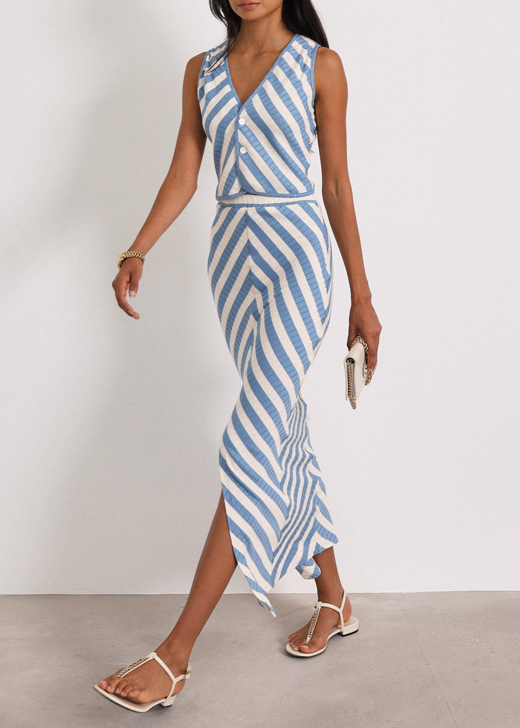 Top de chaleco de punto a rayas Natalia | Azul Riviera/Marfil