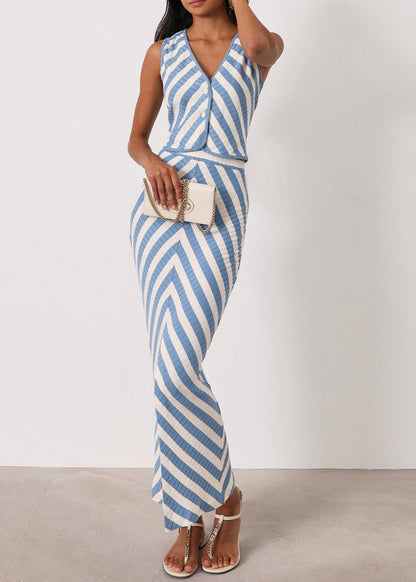 Top de chaleco de punto a rayas Natalia | Azul Riviera/Marfil