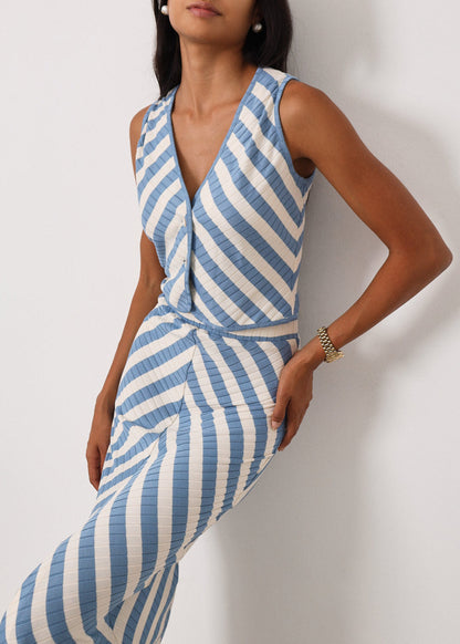 Top de chaleco de punto a rayas Natalia | Azul Riviera/Marfil