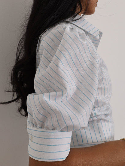 Camisa a rayas Shira con manga abullonada | Blanco/Azul
