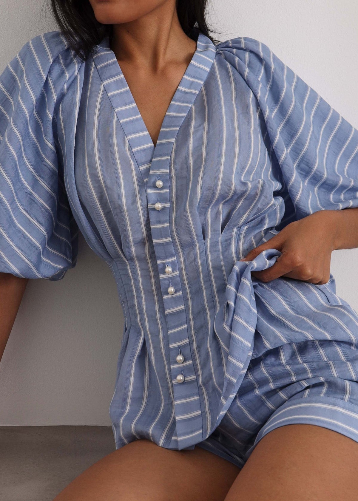 Top Skye de rayas con mangas abullonadas | Azul/Blanco