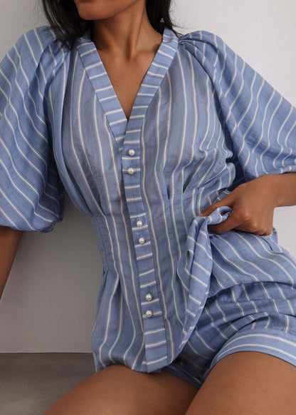 Top Skye de rayas con mangas abullonadas | Azul/Blanco