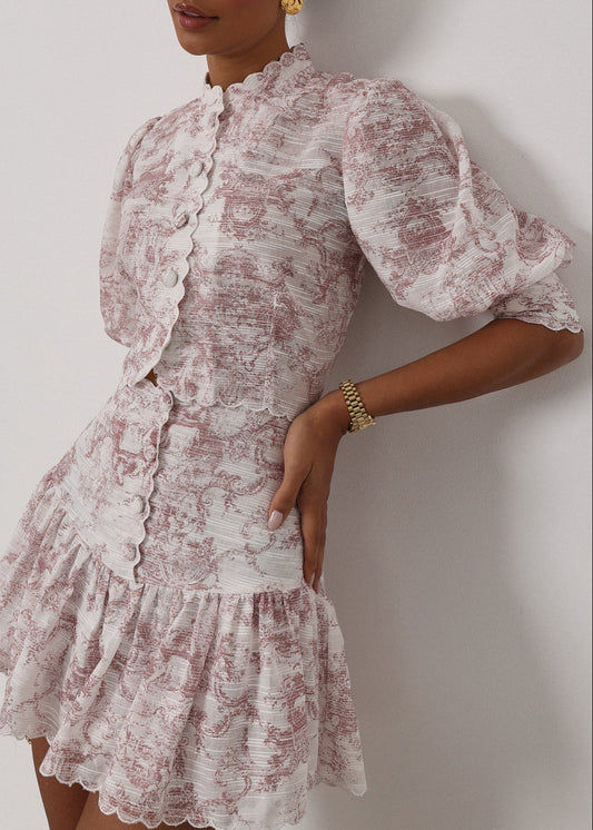 Blusa Verona estampada con ribete festoneado | Blanco y rosa