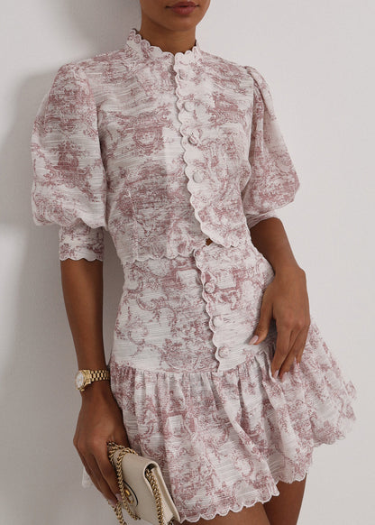 Blusa Verona estampada con ribete festoneado | Blanco y rosa