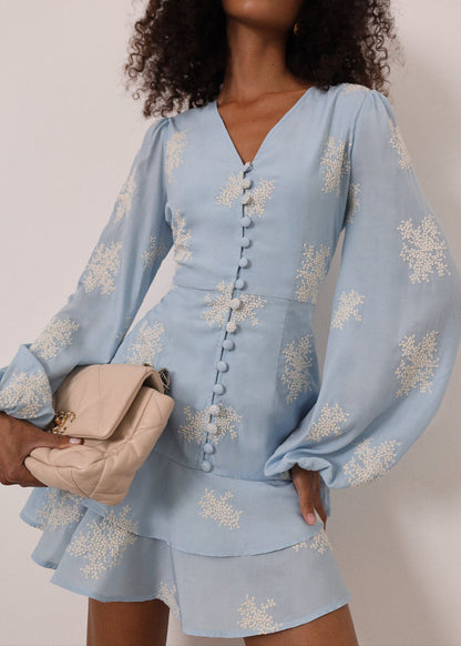 Vestido de día Mia con volantes bordados | Azul
