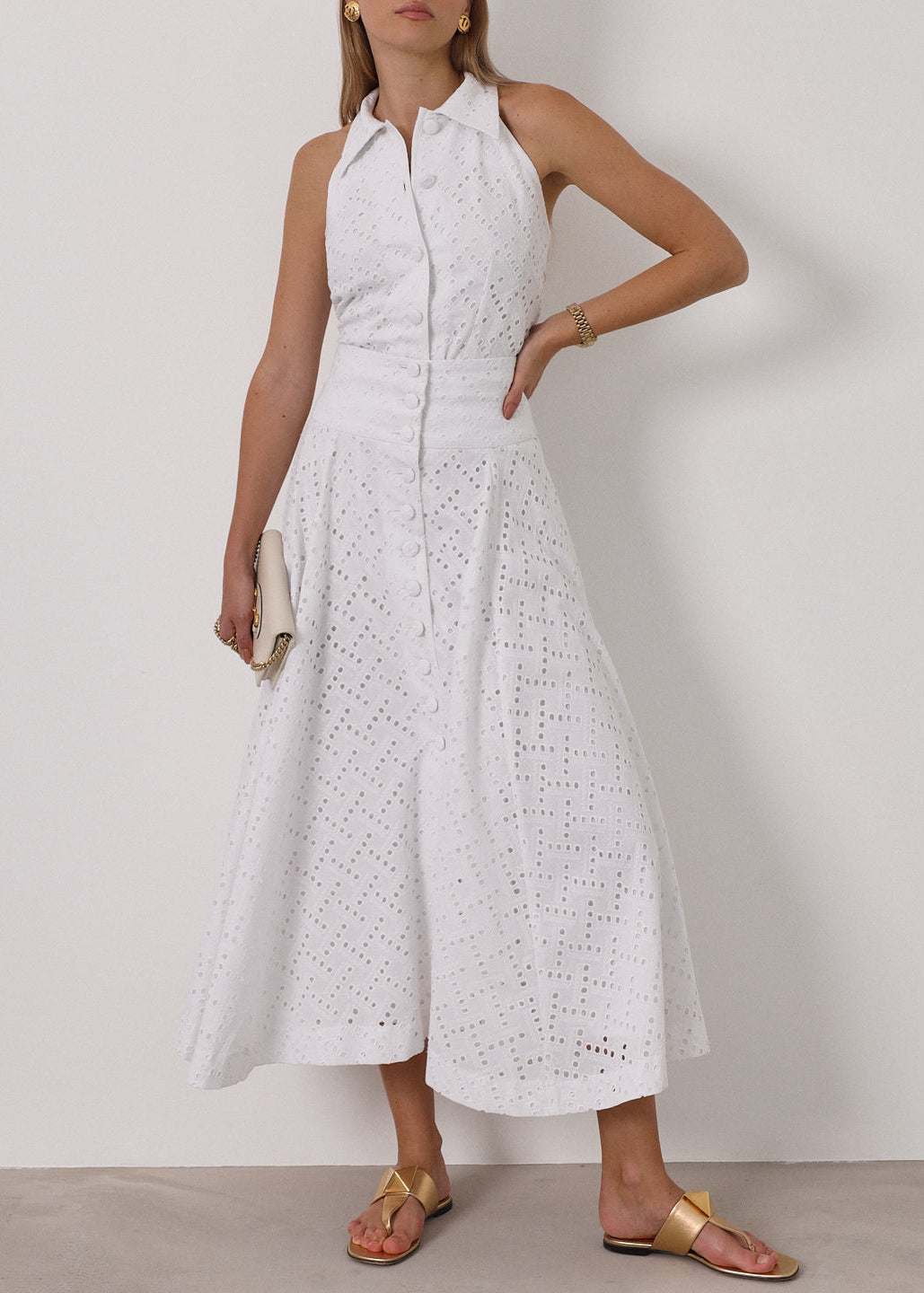 Camisa elegante de algodón con bordado calado Vallary | Blanca