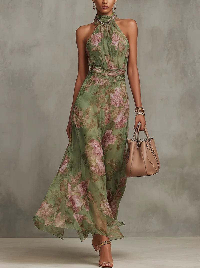 Lidia | Vestido Maxi Halter Floral Elegante