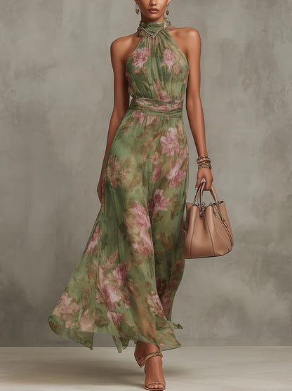 Lidia | Vestido Maxi Halter Floral Elegante