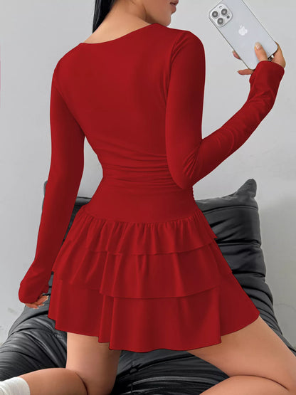 Ruched Long Sleeve Layered Ruffle Mini Dress