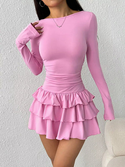Ruched Long Sleeve Layered Ruffle Mini Dress