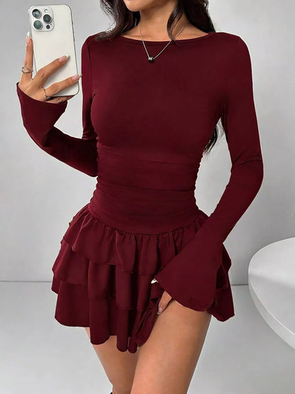 Ruched Long Sleeve Layered Ruffle Mini Dress