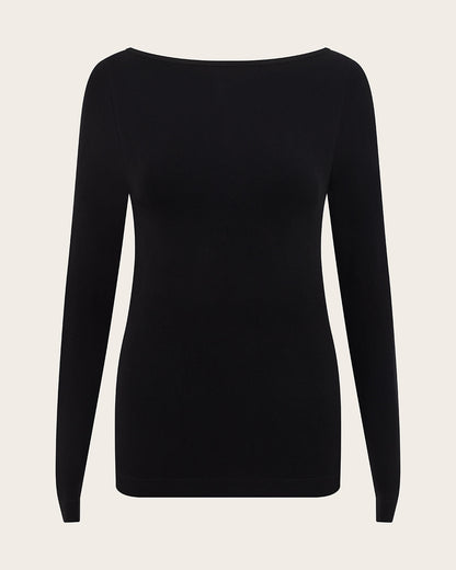 Camiseta de primera capa de manga larga con escote barco - Negro