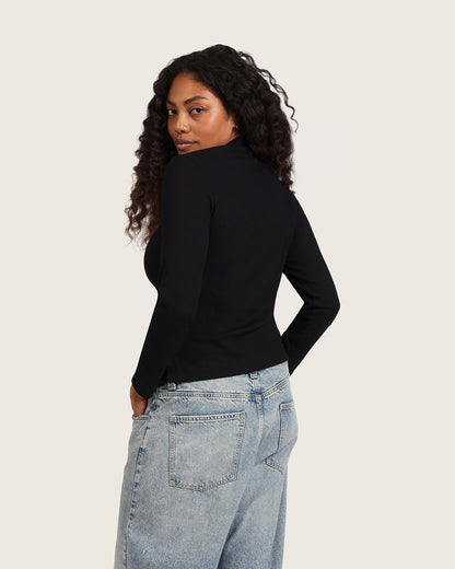Top de cuello alto acanalado para mujer - Negro