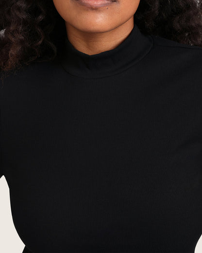 Top de cuello alto acanalado para mujer - Negro