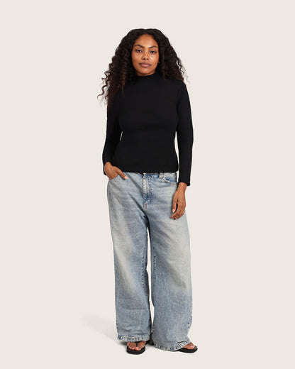 Top de cuello alto acanalado para mujer - Negro