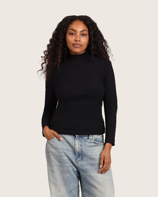 Top de cuello alto acanalado para mujer - Negro