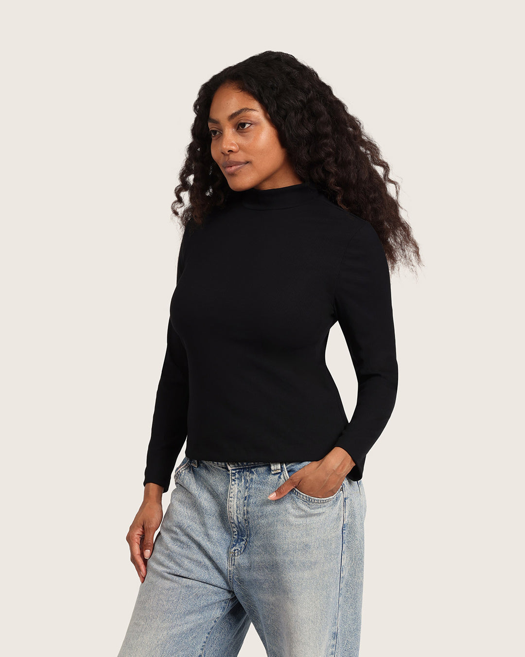 Top de cuello alto acanalado para mujer - Negro