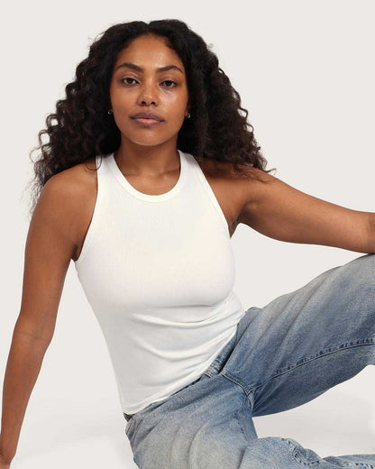 Camiseta sin mangas acanalada con espalda deportiva para mujer - Blanca