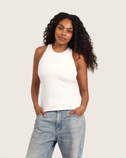 Camiseta sin mangas acanalada con espalda deportiva para mujer - Blanca
