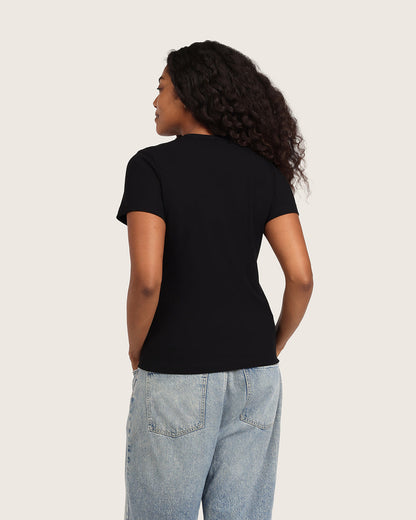 Camiseta de mujer de cuello redondo acanalada - Negra