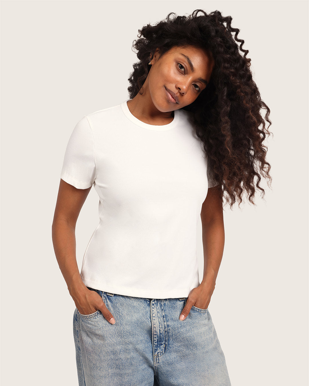 Camiseta de cuello redondo acanalada para mujer - Blanca