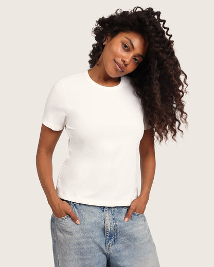 Camiseta de cuello redondo acanalada para mujer - Blanca