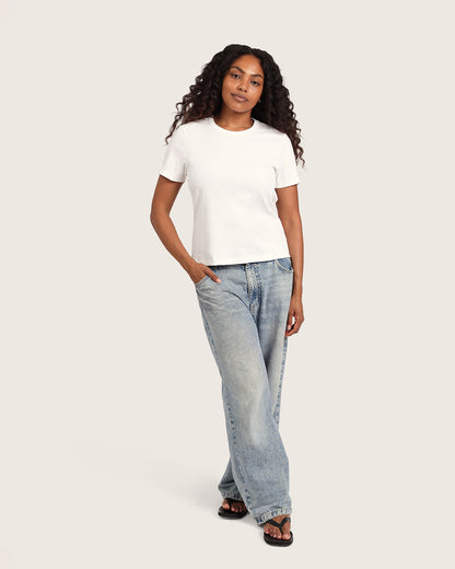 Camiseta de cuello redondo acanalada para mujer - Blanca
