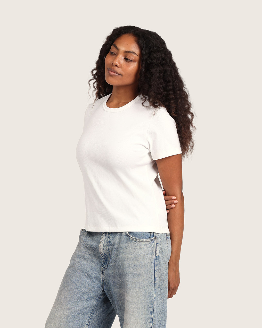 Camiseta de cuello redondo acanalada para mujer - Blanca