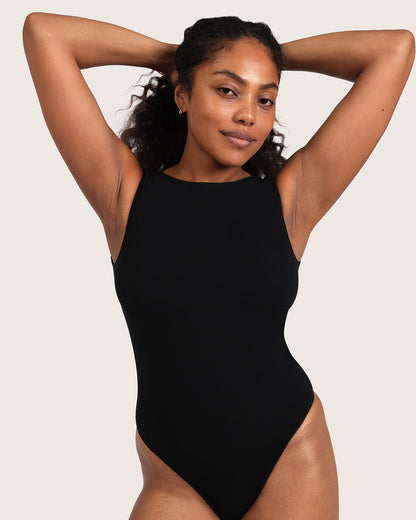 Body de canalé con escote barco - Negro
