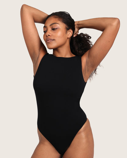 Body de canalé con escote barco - Negro