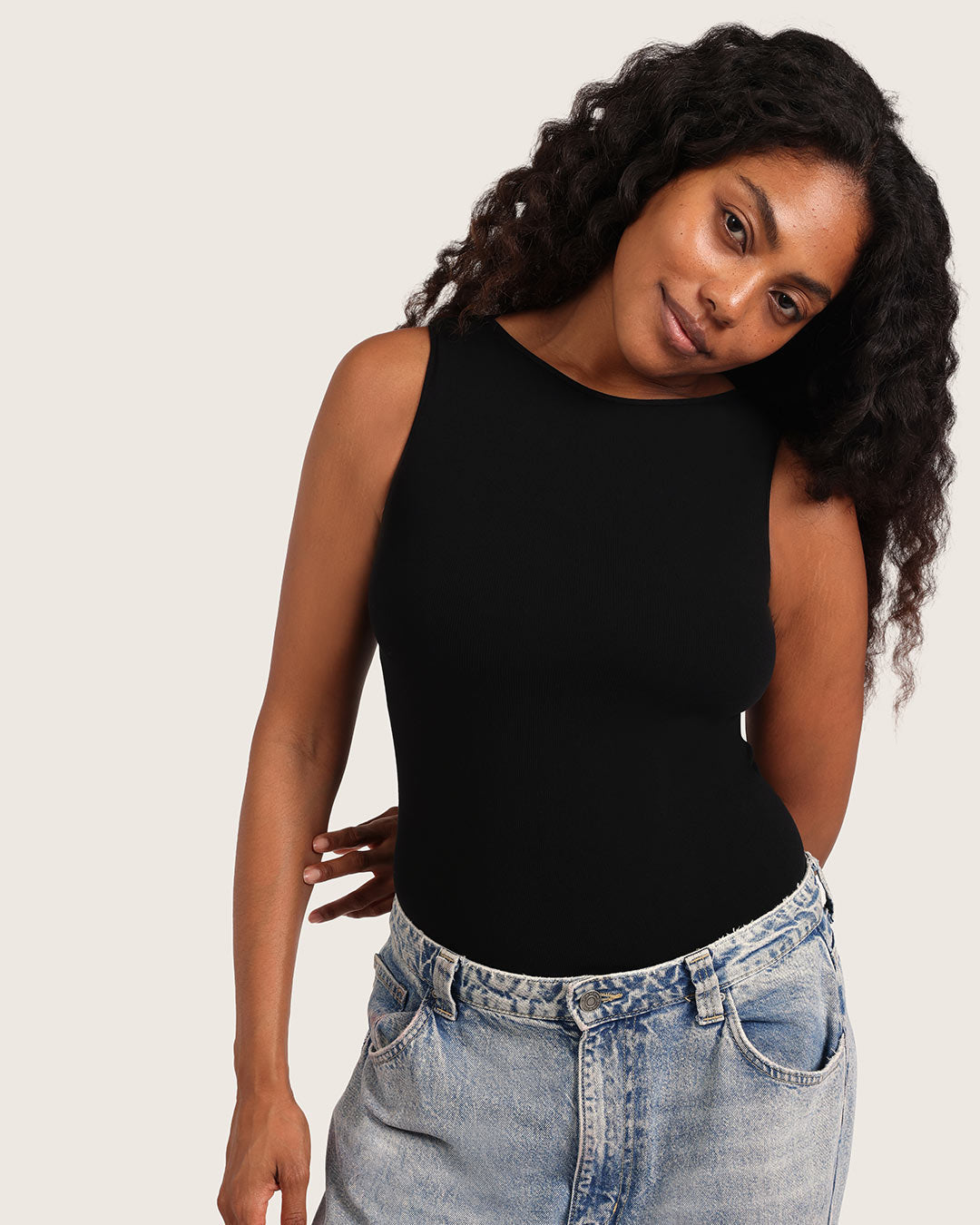 Body de canalé con escote barco - Negro