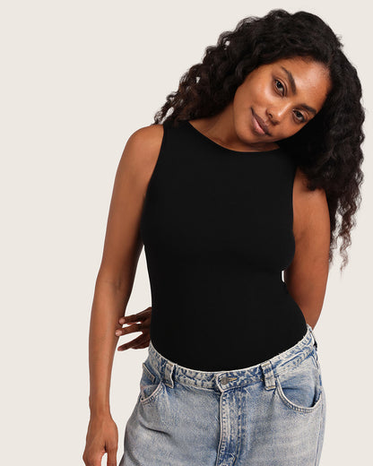 Body de canalé con escote barco - Negro