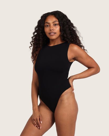 Body de canalé con escote barco - Negro