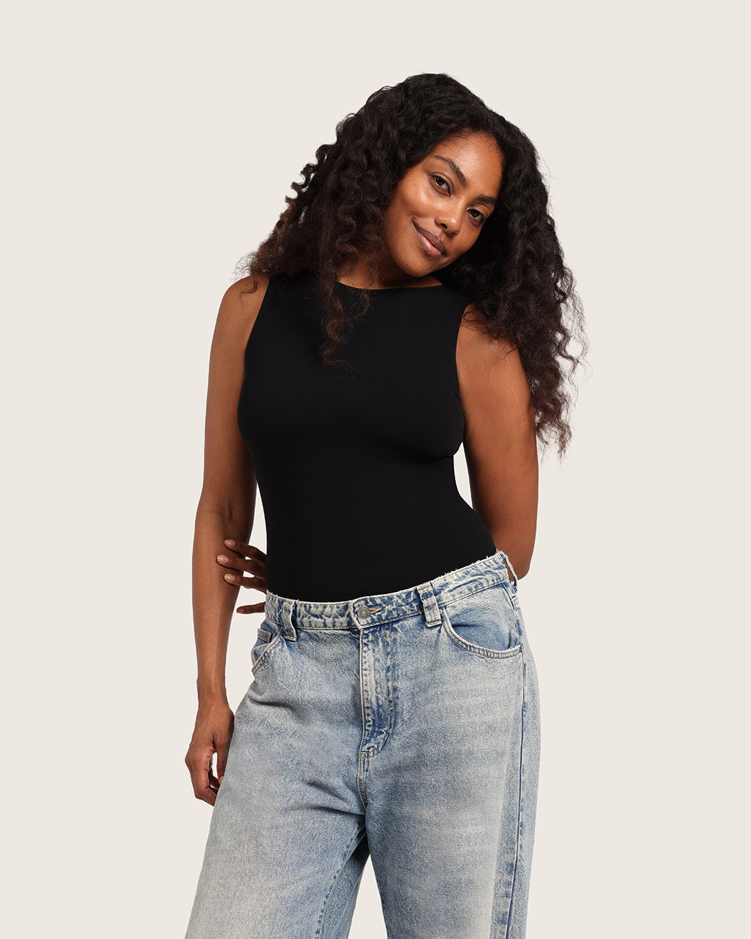 Body de canalé con escote barco - Negro