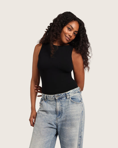 Body de canalé con escote barco - Negro